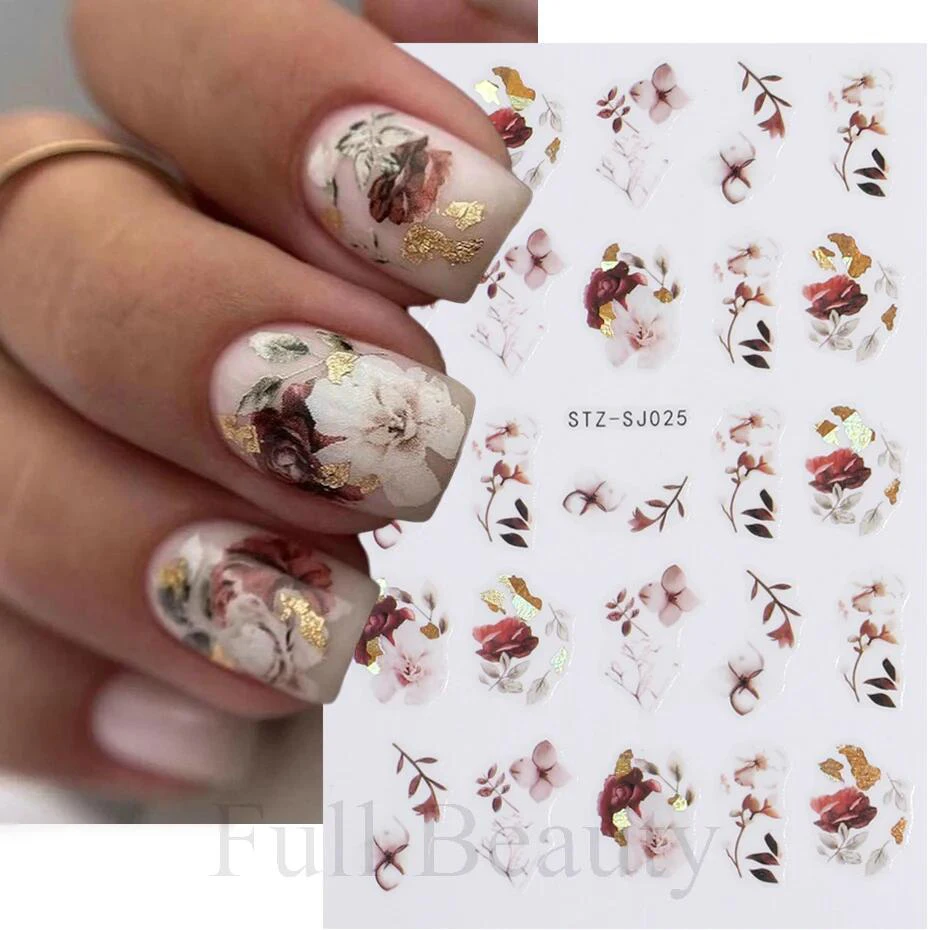 3D Golden Fall Nail Stickers Black Gold Leaf Cotton Flowers Transfer Decals Nail Adhesive Sliders Manicure New Design Decoration