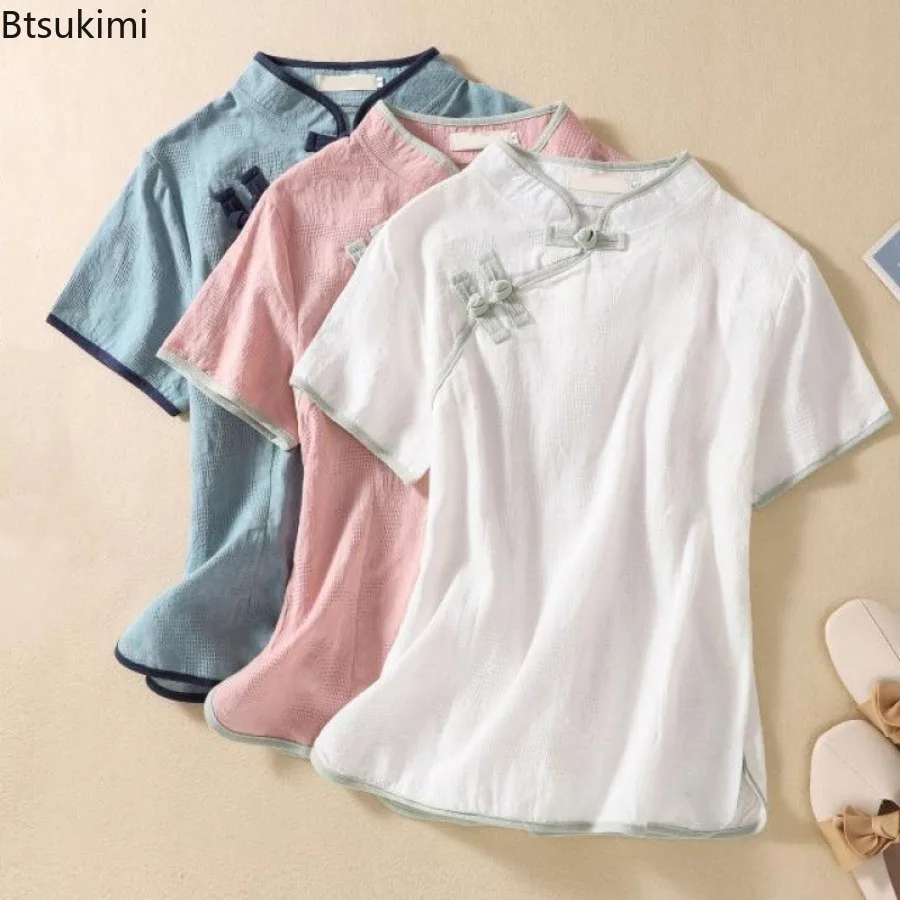 2026 Women's Summer Chinese Style Cotton and Linen Tops Stand Collar Buckle Short Sleeved Shirt Artistic Tea Suit Improved Hanfu