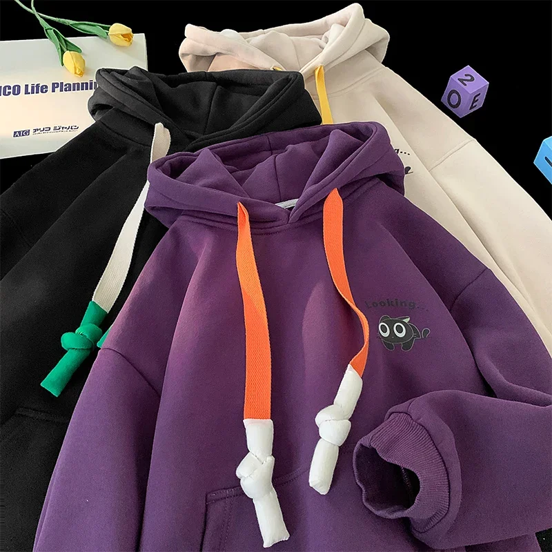 Sudadera con capucha coreana para hombre y mujer, suéter con cordón, Color de choque, patrón de gato de dibujos animados, sudaderas con capucha