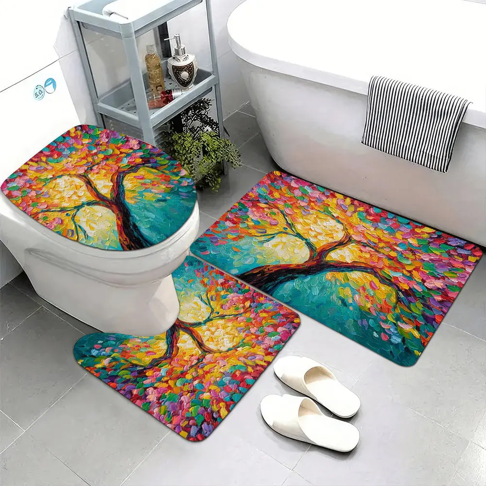 

Set of 3 Ultra-Soft Bathroom Floor Mats Featuring a Non-Slip Backing, Adorned with a Vibrant Tree of Life Design Showcasing Colo