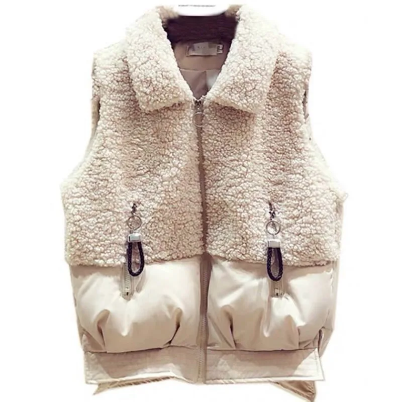 New Winter Lapel Vest for Women Short Loose Spliced   down Cotton Jacket Horse Clip Vest Jacket