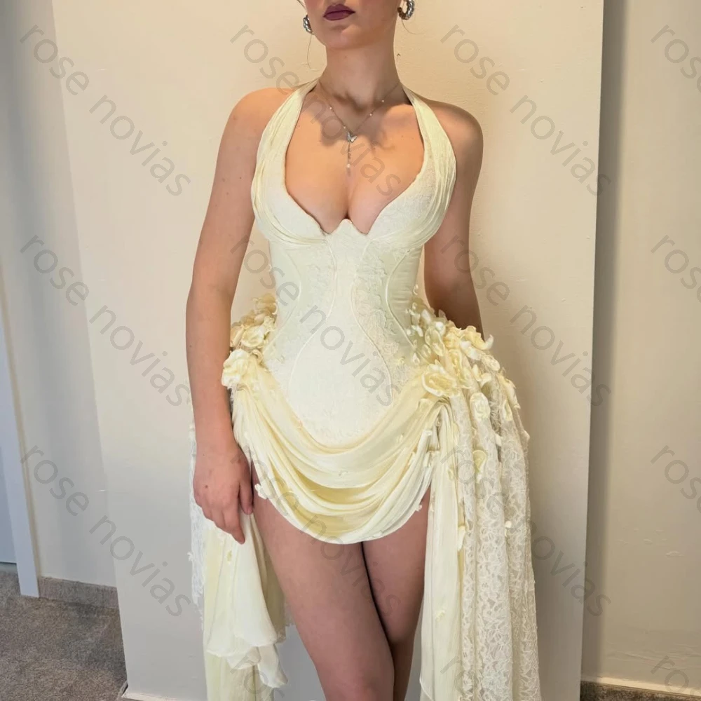 Customized Ivory Halter Neck Corset 3D Flower High Low Evening Dress for Women 2026 Elegant Formal Prom Party Gown image 3