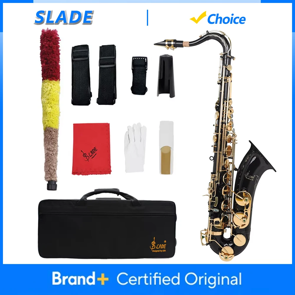 

Тенор-саксофон SLADE, латунный корпус, Bb, черно-золотой, духовой инструмент с кейсом, тростниками, перчатками, запчастями и аксессуарами