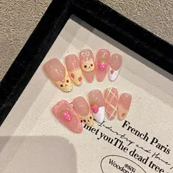 Handmade Press on Nails Cute Bear Fake Nails 3D Strawberry Design Sweet Yellow French False Nails Girl Lady Wearable Full Cover