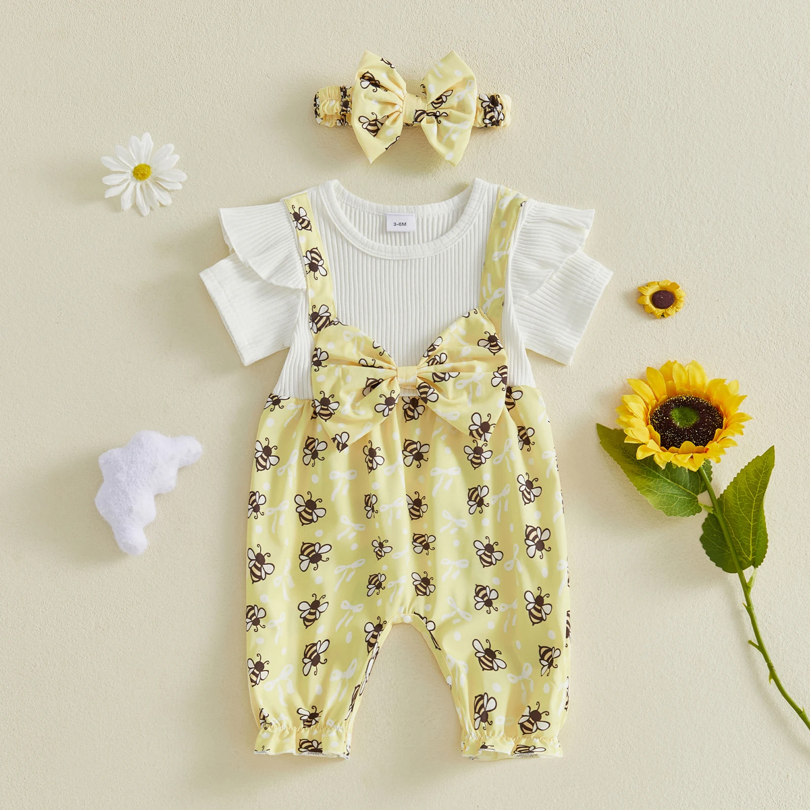 

Комбинезоны для маленьких девочек с узором в виде пчел/гусиной лапки, модные комбинезоны с короткими рукавами, имитирующие две части, комбинезоны для младенцев с повязкой на голову