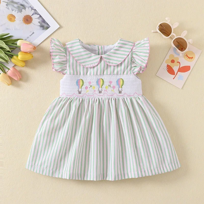 2025 Girls Smocking Bishop Handmade Dresses Children's Boutique Stripes ClothingDress Summer Cotton And Linen Flying Sleeve