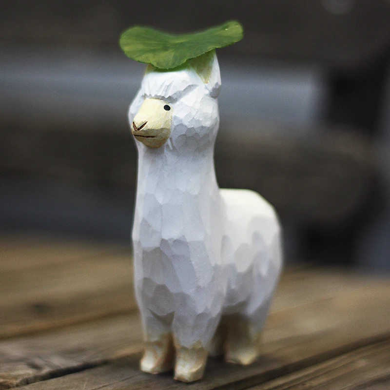 

Pure handmade wood carving cute alpaca ornaments natural solid wood animal sculpture desktop crafts