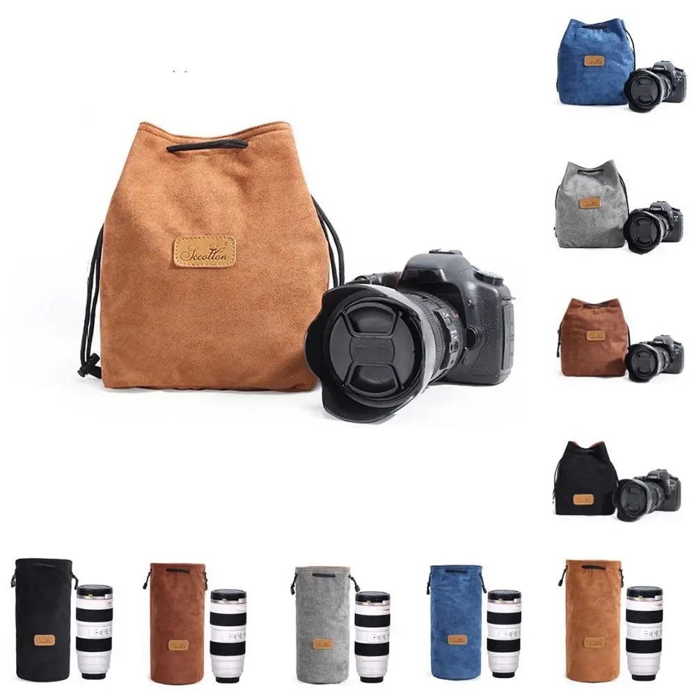 

Vintage Soft Camera Storage Bag Dustproof Polar Fleece Lining DSLR Drawstring Bag Portable Handbag Lens Protective Case Men