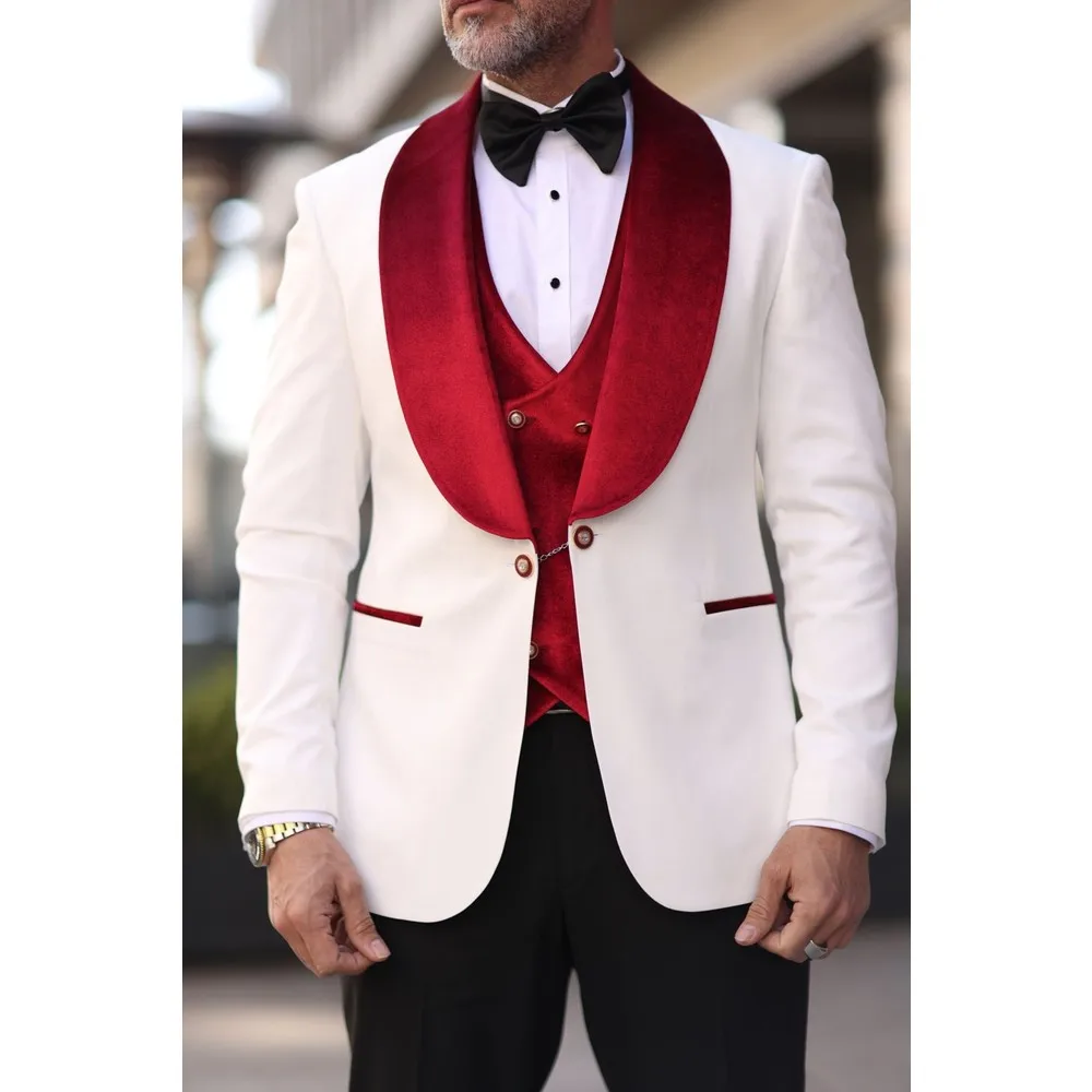 Red White Men Wedding Tuxedos Velvet Shawl Lapel Mens Tuxedos Outfits Business Formal Wear Jacket Pants Suits 3 Pieces