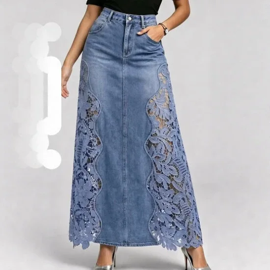 Women Mid Length Skirt Denim Skirts A Line High Waist Button Elegant Splice Y2k Streetwear Work Lace Floral Hollow Out 2026