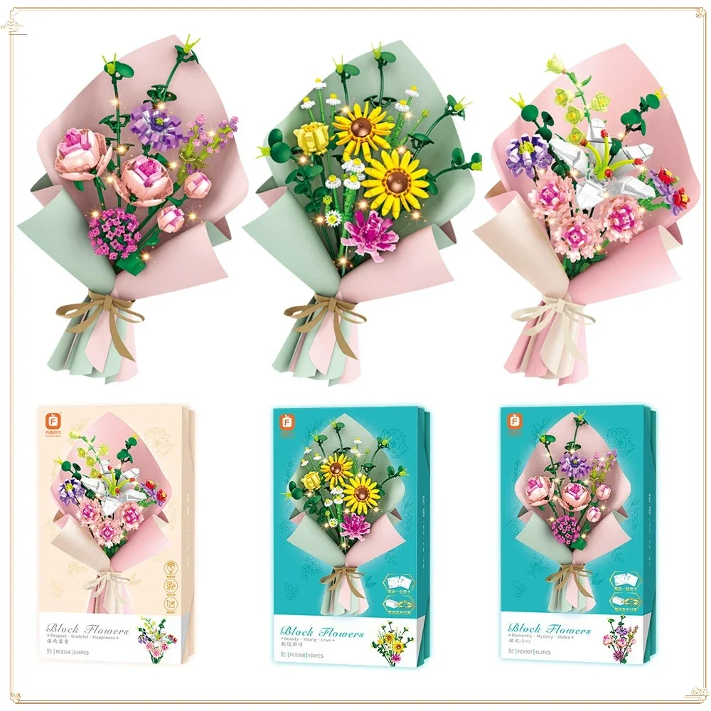 

Flower Bouquet Building Block Assembly Toy Rose Sunflower Carnation Dazzling Lights Christmas Decoration Gift Creative Ornament