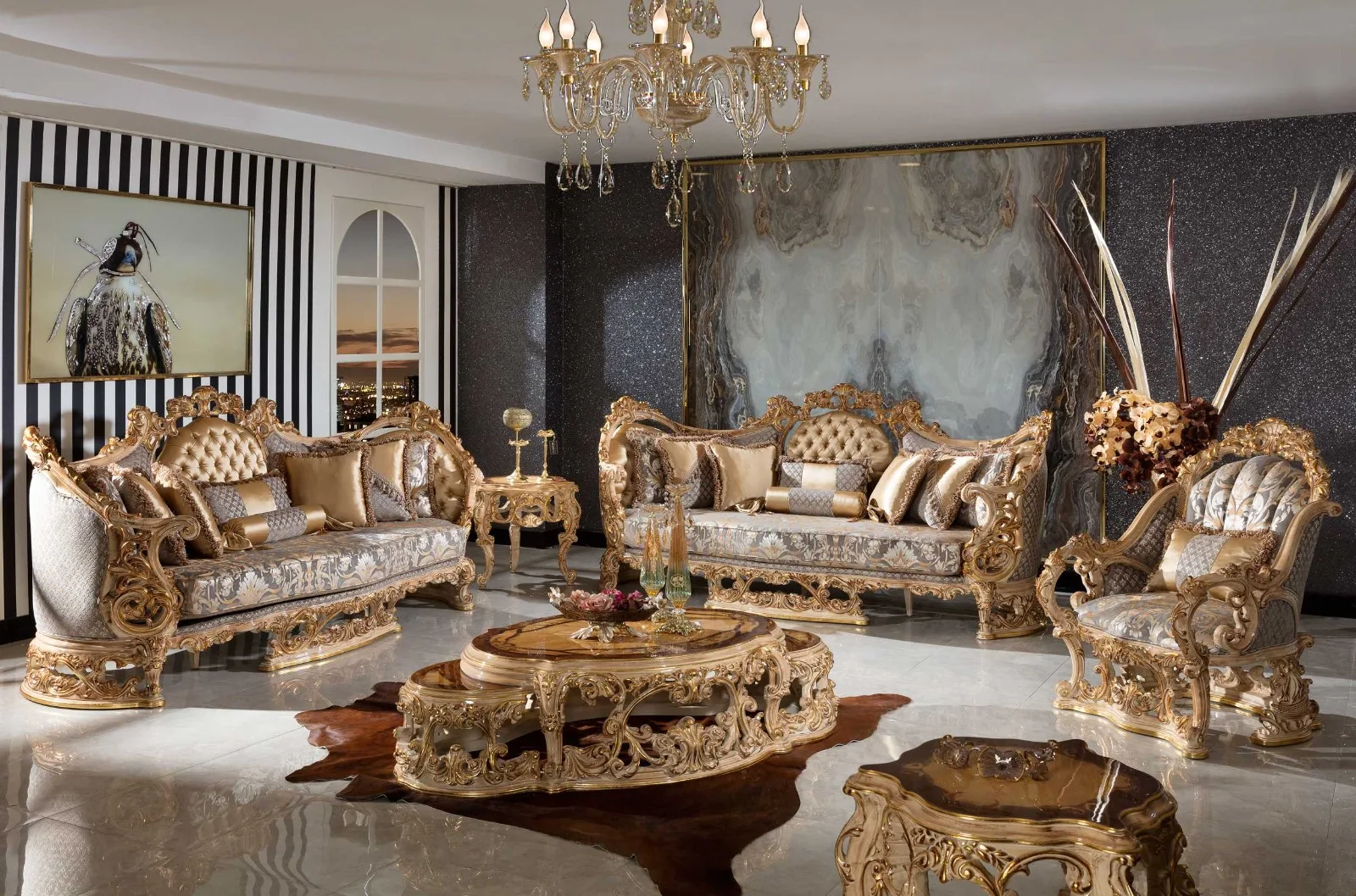 Stylish High End Rococo Traditional Design Ivory Gold Living Room Sofa Set Sponge Teak Wood Frame Classic Luxury Furniture
