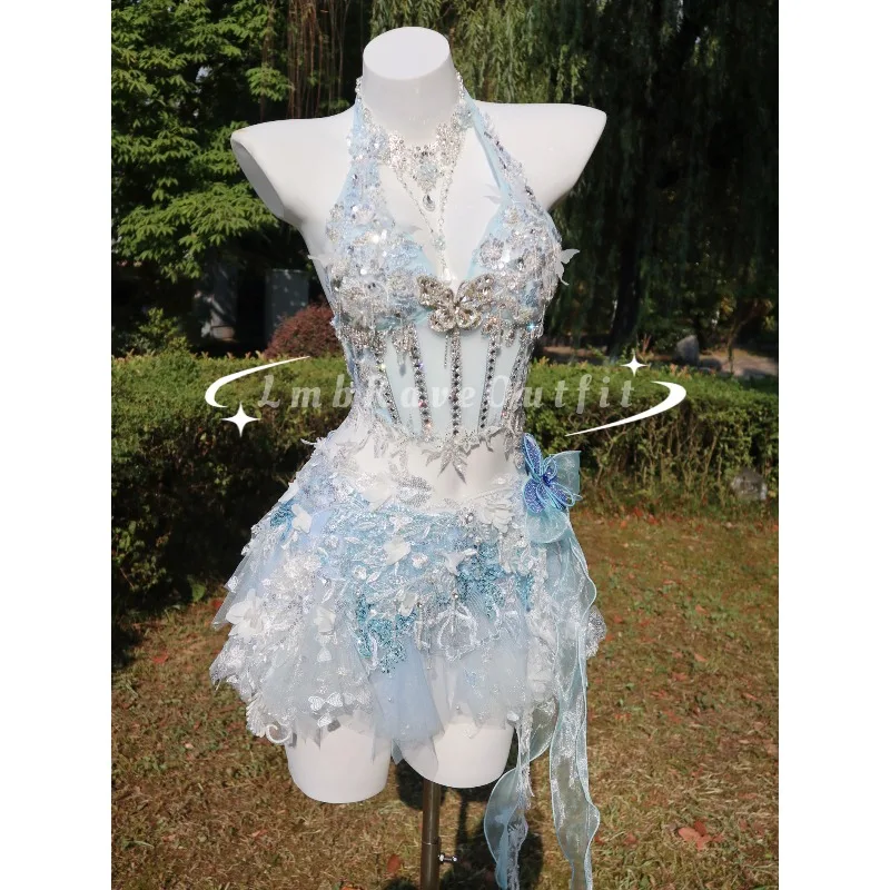 customized full diamond sequin dress for photo shoots bikini electronic syllable performance wear top+necklace+skirt+underwear