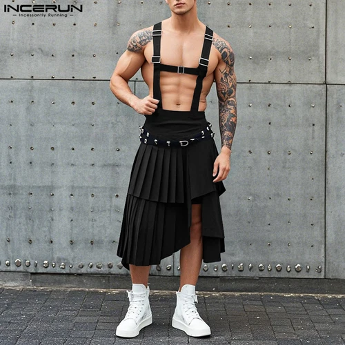 INCERUN, pantalones informales de verano y primavera para hombre, faldas plisadas irregulares, pantalones largos, ropa de calle informal, pantalones de pierna ancha para hombre