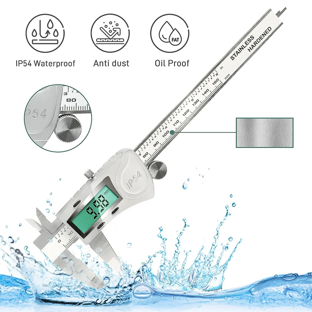 150/200/300 mm Electronic Digital Vernier Calipers IP54 Water Resistant Measuring Tool Waterproof Stainless Steel Caliper