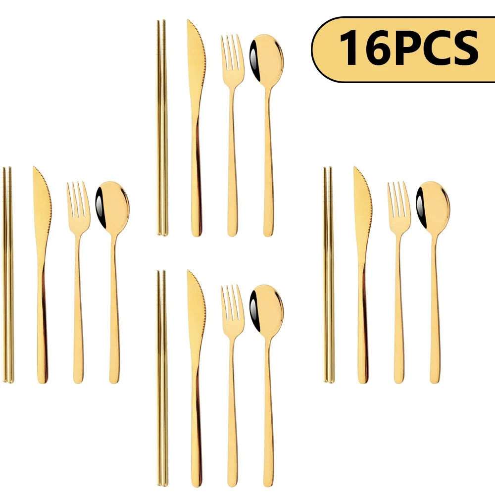 

Mirror Gold Dinnerware 16Pcs Stainless Steel Tableware Set Knife Fork Spoons Chopsticks Cutlery Set Kitchen Home Silverware Set