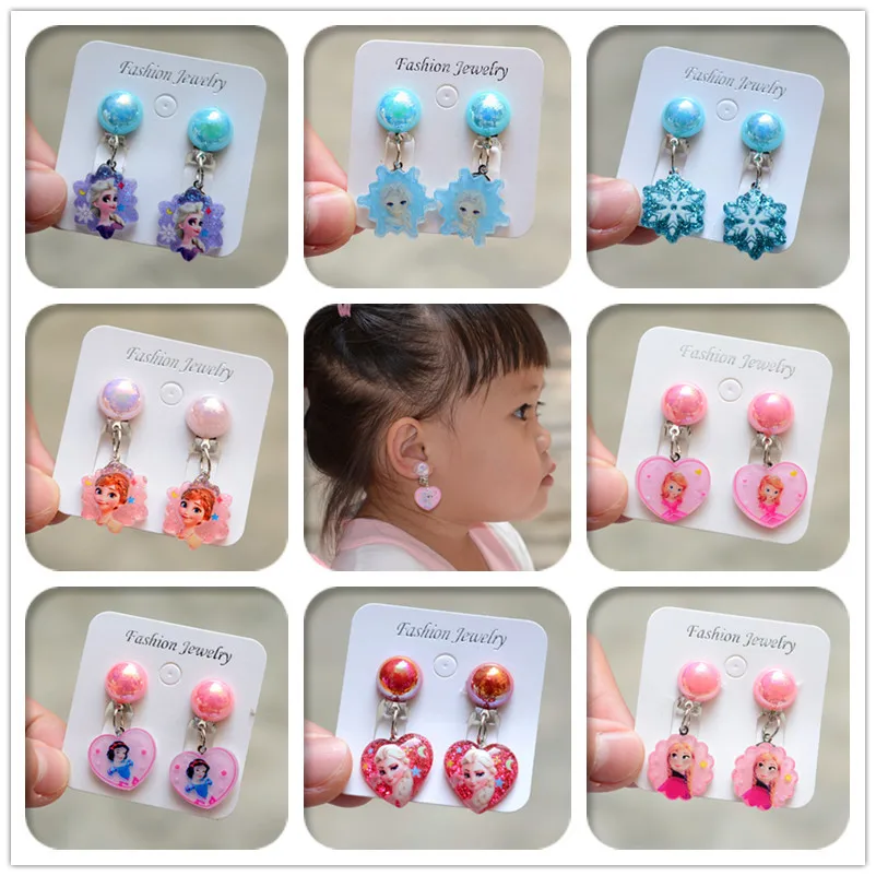 Disney Frozen Princess Clip Earrings Anime Cartoon Princess Elsa Anna Snow White Girls Earrings Jewelry Birthday Christmas Gift