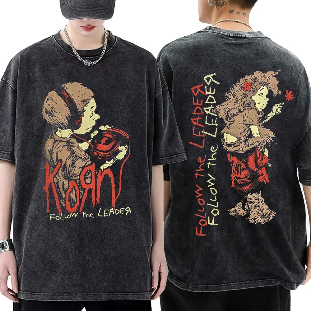 Washed Vintage Rock Band Korn Sick & Twisted Tour 2000 Tshirts Male Alternative Nu Metal Music T-shirt Men's Oversized T Shirts