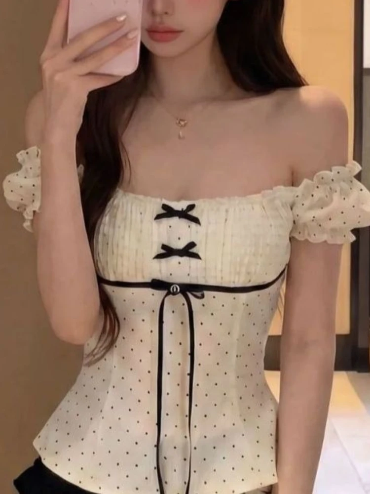 French Sweet Sexy Elegant 2 Piece Set Women Chic Polka Dot Slash Neck Tops + Mini Skirts Japanese Causal Vintage Lovely Outfits image 4