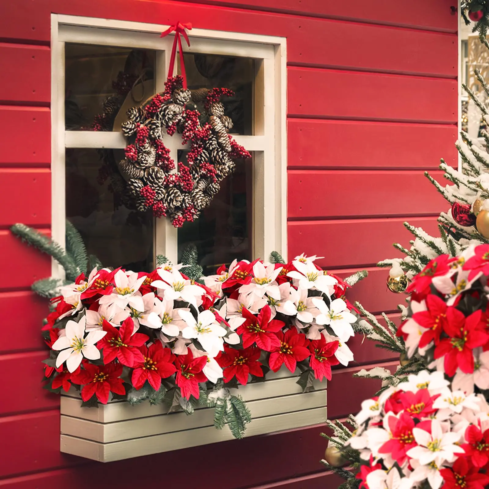 5 رؤوس زهور البونسيتة الاصطناعية باقة عيد الميلاد شجيرات البونسيتة الشتوية لتزيين حفلات عيد الميلاد والعطلات #6