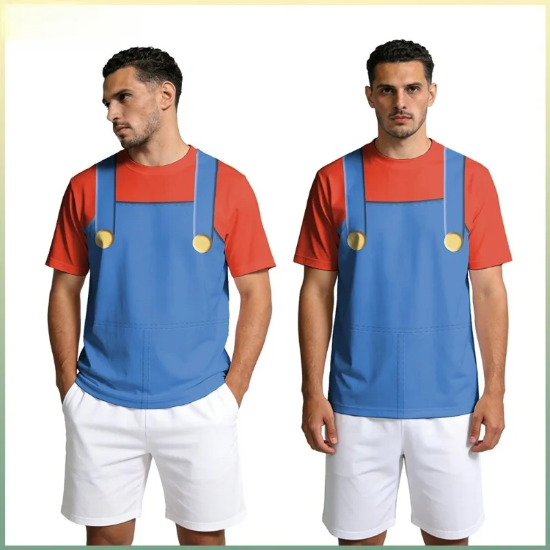 Cartoon 3D Printed Short Sleeved T-shirt with Fake Two Straps Tee Top Halloween Cosplay Performance Party Outfits for Men