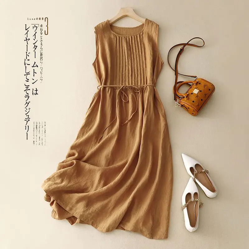 

Vintage Ethnic Style Loose Cotton and Linen Dress with Belted High Waist Sashes Sleeveless Women's Dresses for Summer 2023