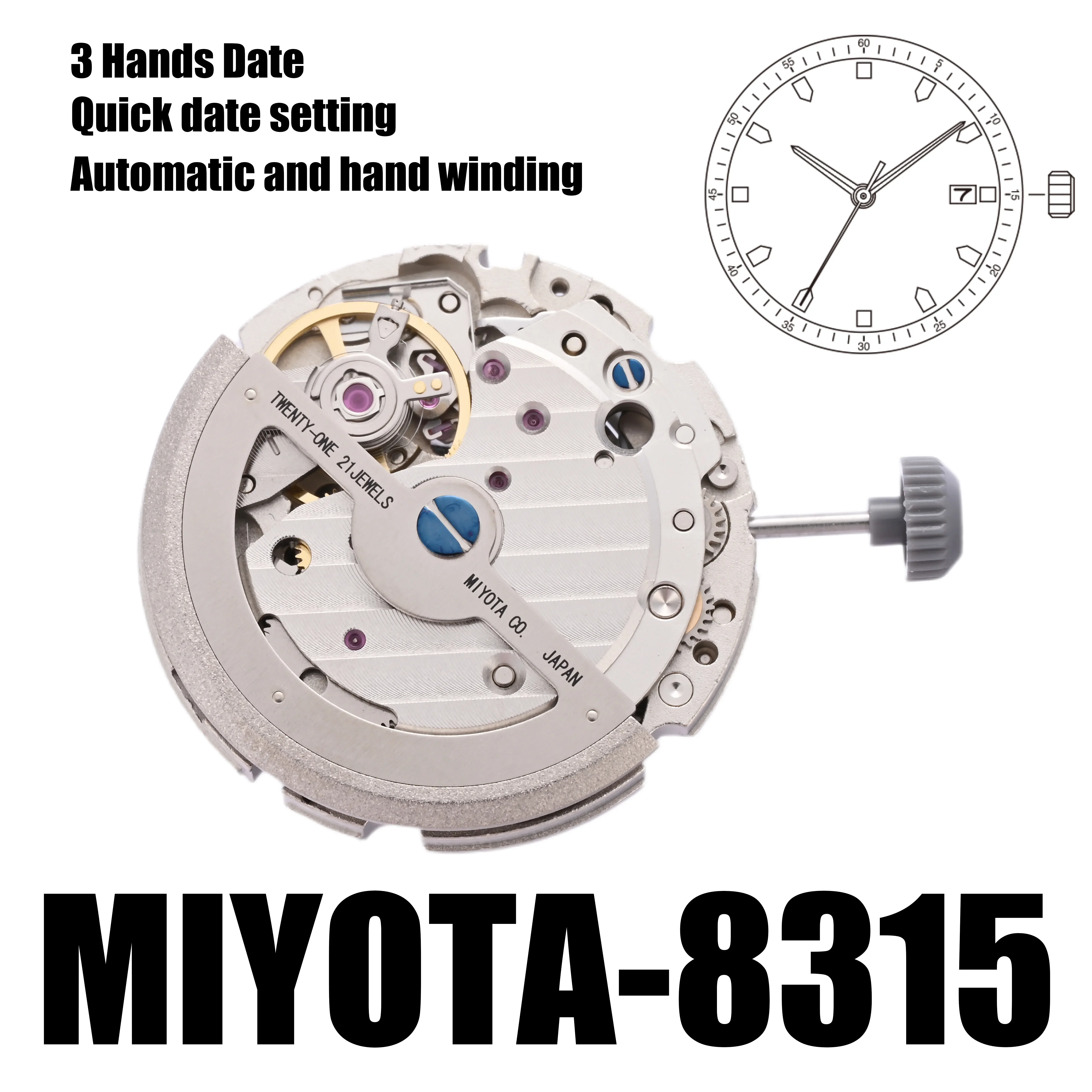 8315 Movement Miyota 8315 Movement Automatic Size: 11 1/2\'\'\'Automatic and hand winding Quick date setting Stop second device