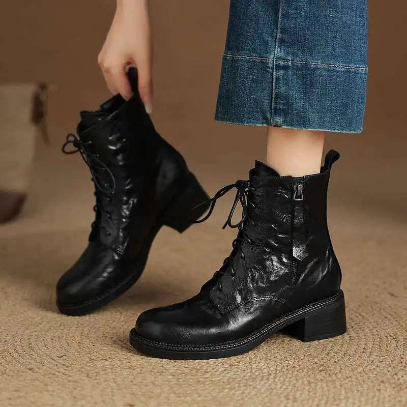 Krazing Pot New Sheepskin Round Toe Med Heels Modern Boots Keep Warm Winter Shoes Cross-tied Lace Up Pleated Design Ankle Boots