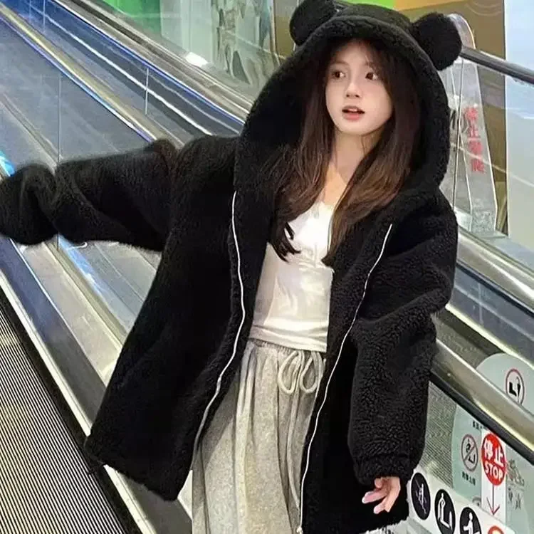 Zimní bundy s kapucí a medvědím uchem, dámské bundy 2024, chlupaté streetwear, tlusté svrchní oblečení, ležérní módní zip, kabáty Y2k - náhled 5