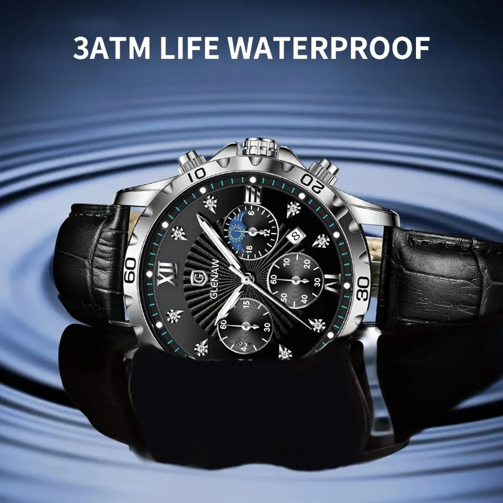 GLENAW 2023 New Men Automatic Quartz Watch For Men Top Brand Military Sport Chronograph Stainless Steel Waterproof Clock Relogio