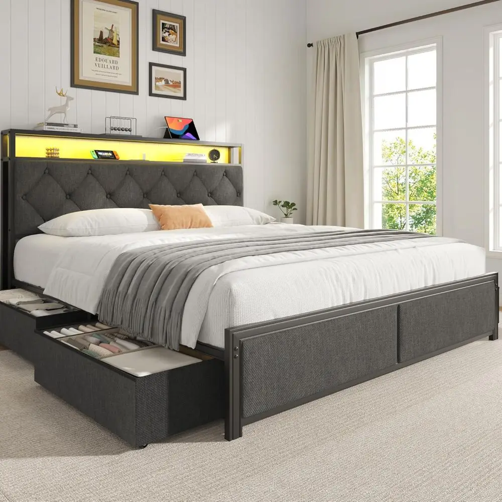 Queen Size Bed Frame with Upholstered Headboard and Storage, Fast Charging Station, LED Lighting, Fabric Drawers, No Box Spring