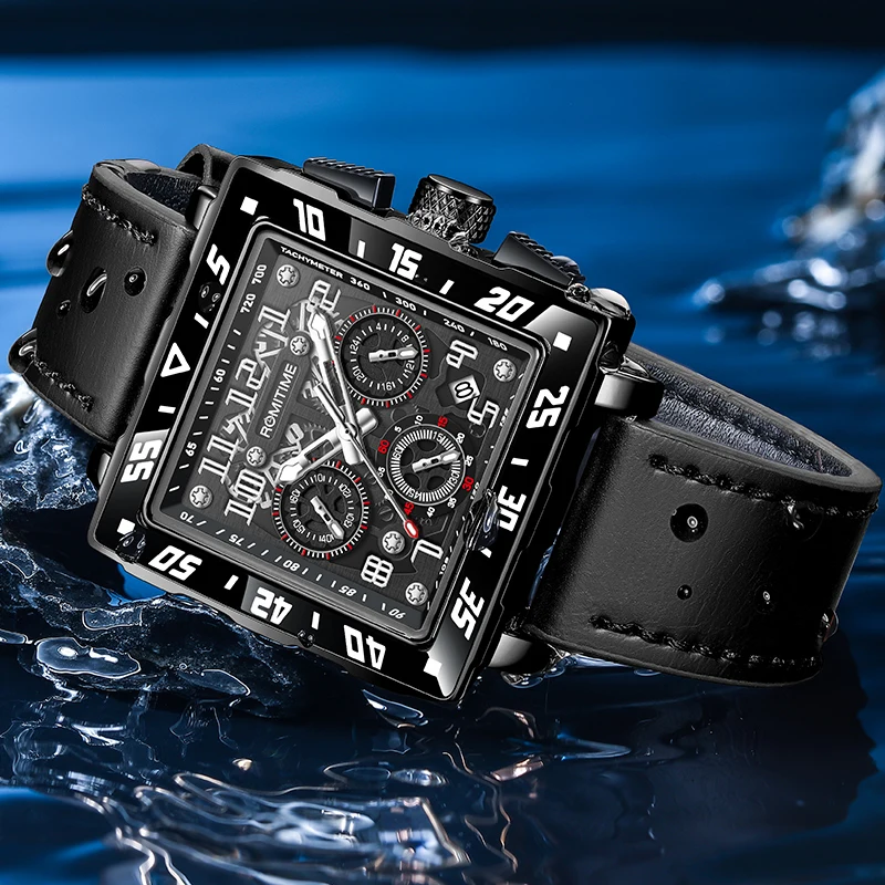 ROMITIME クォーツメンズ腕時計スタイリッシュなスクエアダイヤル発光防水カレンダークロノグラフ高級ファッションカジュアル腕時計男性用