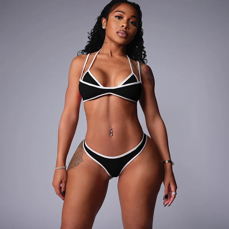 Two Tone Contrast Trim Halter Bikini Triangle Cup High Cut Beach Swimsuit