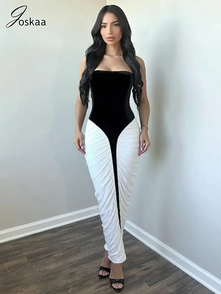 

Joskaa 2025 Women's Black and White Color Block Dress Sexy Strapless Pleated Long Maxi Gown Elegant Evening Party Clubwear
