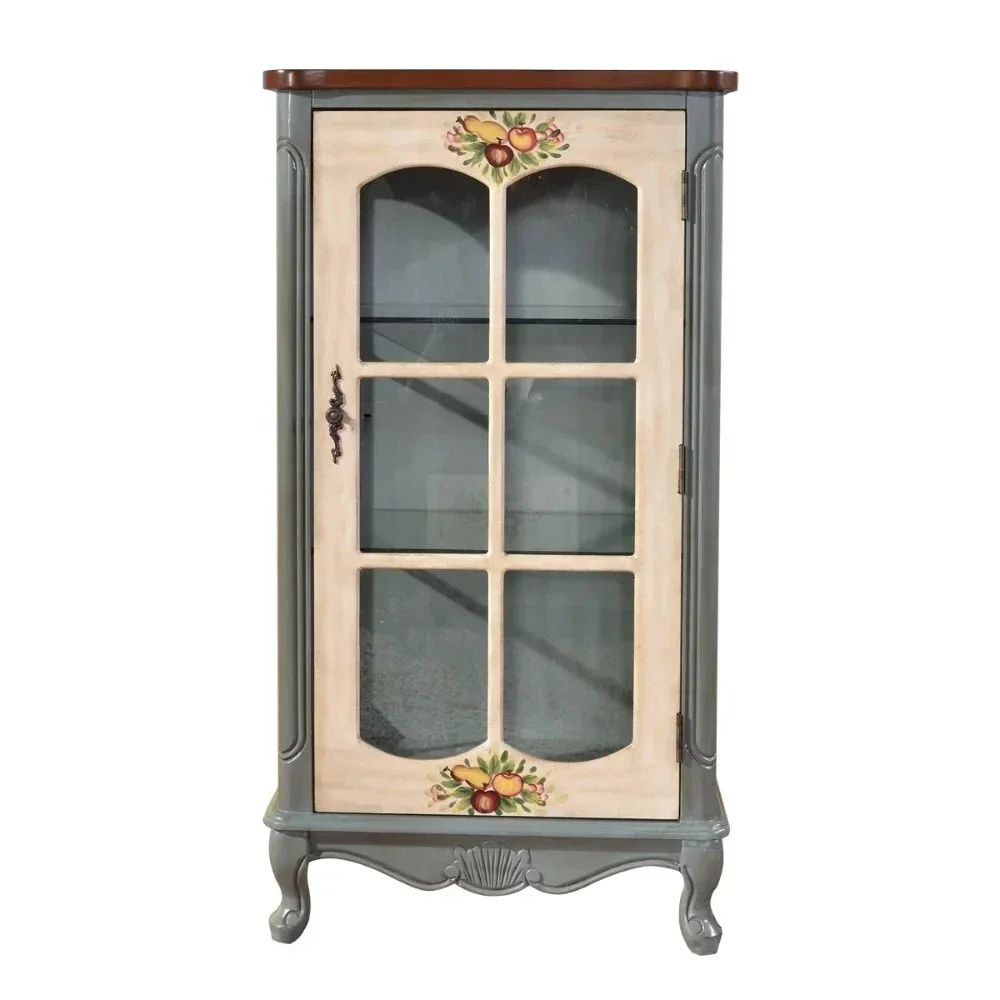 xz1yj American Country Retro Solid Wood Single Door Glass Wine Cabinet Mediterranean Painted Locker