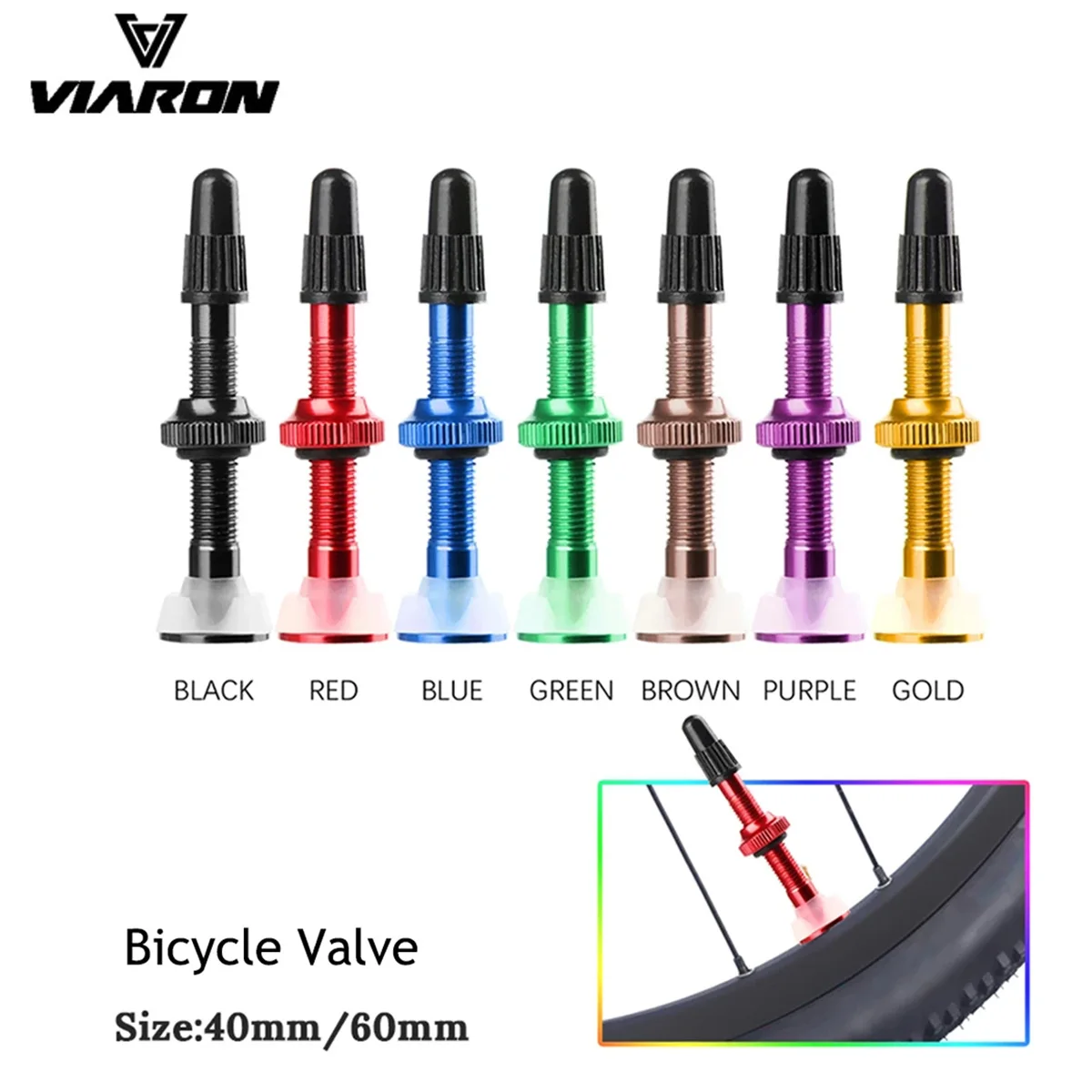 VIARON 2Pcs MTB Tubeless Real Air Aluminum Alloy FV Valve Brass Alloy Core Optional Color Stem 40mm/60mm Length Cap & Tool