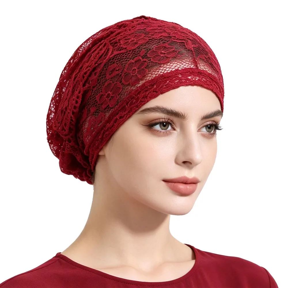 Ladies' Floral Lace Knitted Headscarf Hat Summer Breathable Hollow Elastic Headband Fashionable Fully Transparent Fishing NetCap