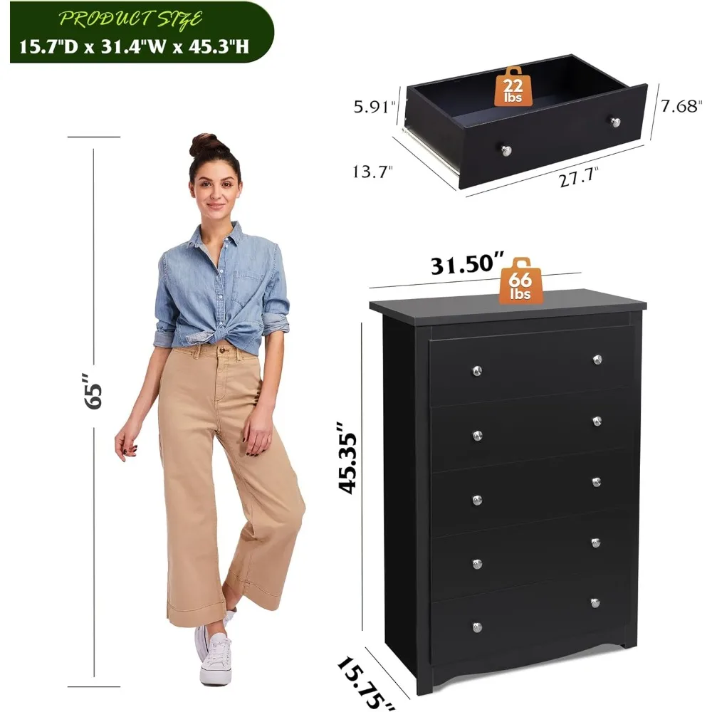 cassettiera in legno con 5 cassetti, mobile portaoggetti in legno nero, cassetti organizer per camera da letto, soggiorno, corridoio, misurazione 15,75