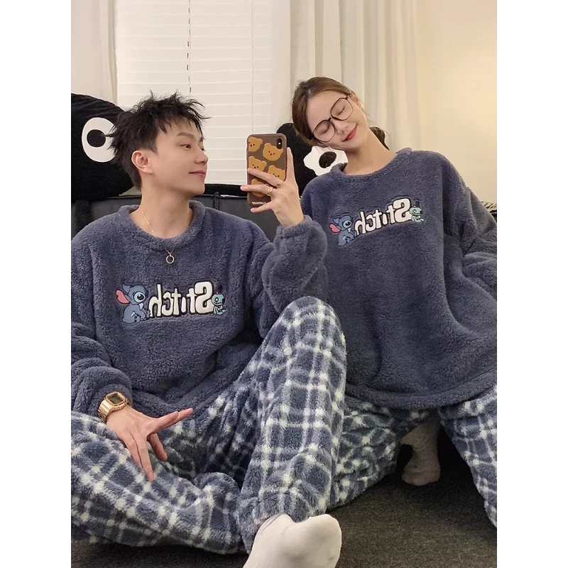 Cartoon Stitch couple pajamas set winter plush long-sleeved trousers two-piece set men\'s/women\'s loungewear women\'s pajamas