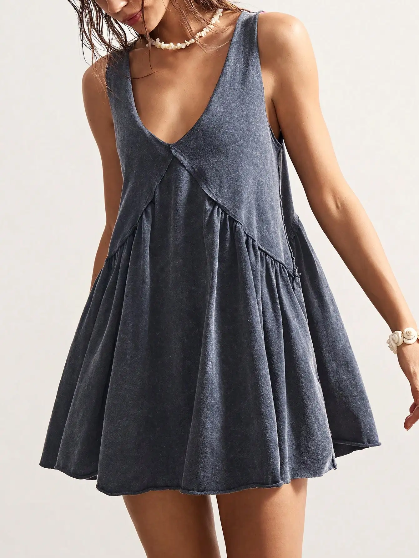 

Women's Loose V-Neck Knit Mini Dress in Solid Washed Blue