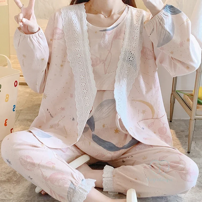 3PCS Sets Thin Milk Silk Lace Maternity Nursing Sleepwear Sweet Feeding Pajamas for Pregnant Women Pregnancy Home Hospital Wear