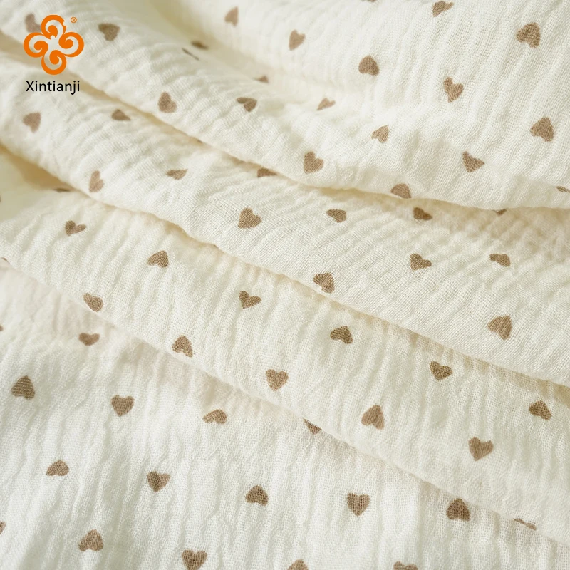 0.5m/1m/2m Soft Khaki Heart Print Double Crepe Gauze Fabric 100% Cotton Fabric DIY Sewing Clothing Baby Breathable Texture