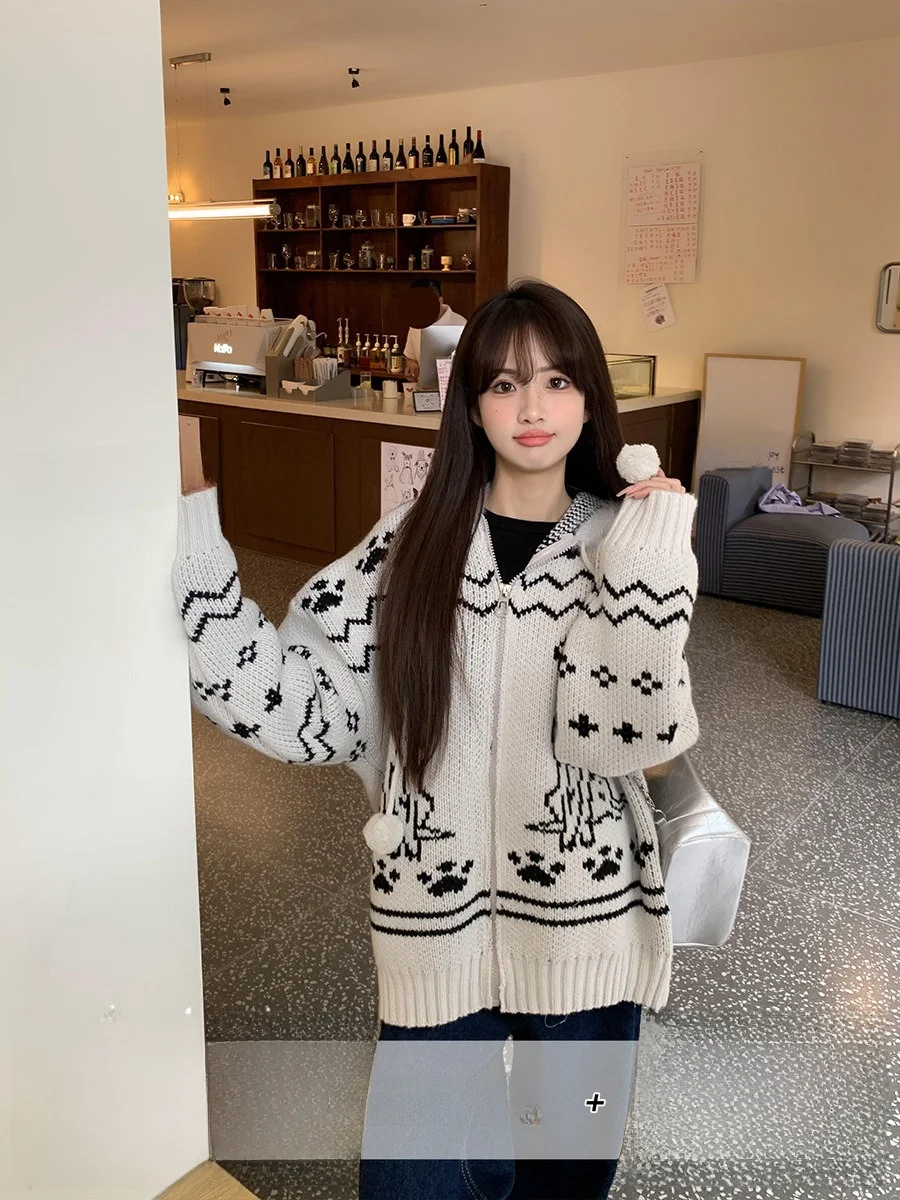 

Вязаный свитер на молнии с капюшоном и вышивкой в стиле ретро, женский осенне-зимний свободный крой, длинный кардиган све Sle