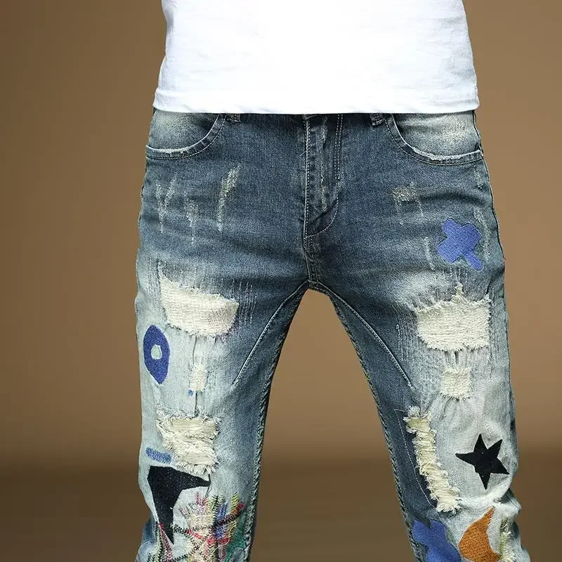 New Spring Autumn Washed Cowboy Patchwork Ripped Hole Hip-hop Embroidery Scratch Beggar Korean Cargo Slim Luxury Male Trousers