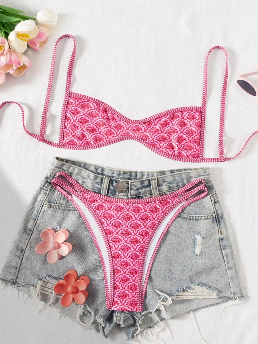 

S - XL Flowers Printed High Leg Cut Bikini Female Swimsuit Women Swimwear Two-pieces Bikini set Bather Bathing Suit Swim Lady