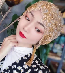 Arab Luxury Muslim Hijabs Caps Summer Lace Embroidery Turban Hat Tassel Cap Wedding Head Wraps For Women Dubai Islamic Headcover
