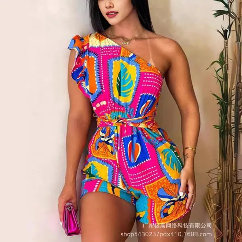 2024 Summer New Women\'s Clothing One-Shoulder Diagonal Collar Tube Top Printed One-Piece Shorts