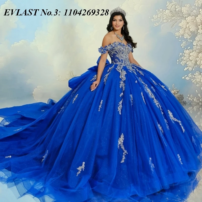 

EVLAST Customized Royal Blue Quinceanera Dress Ball Gown Lace Applique Beading Bow Corset Sweet 16 Vestidos De 15 Anos E3Q817