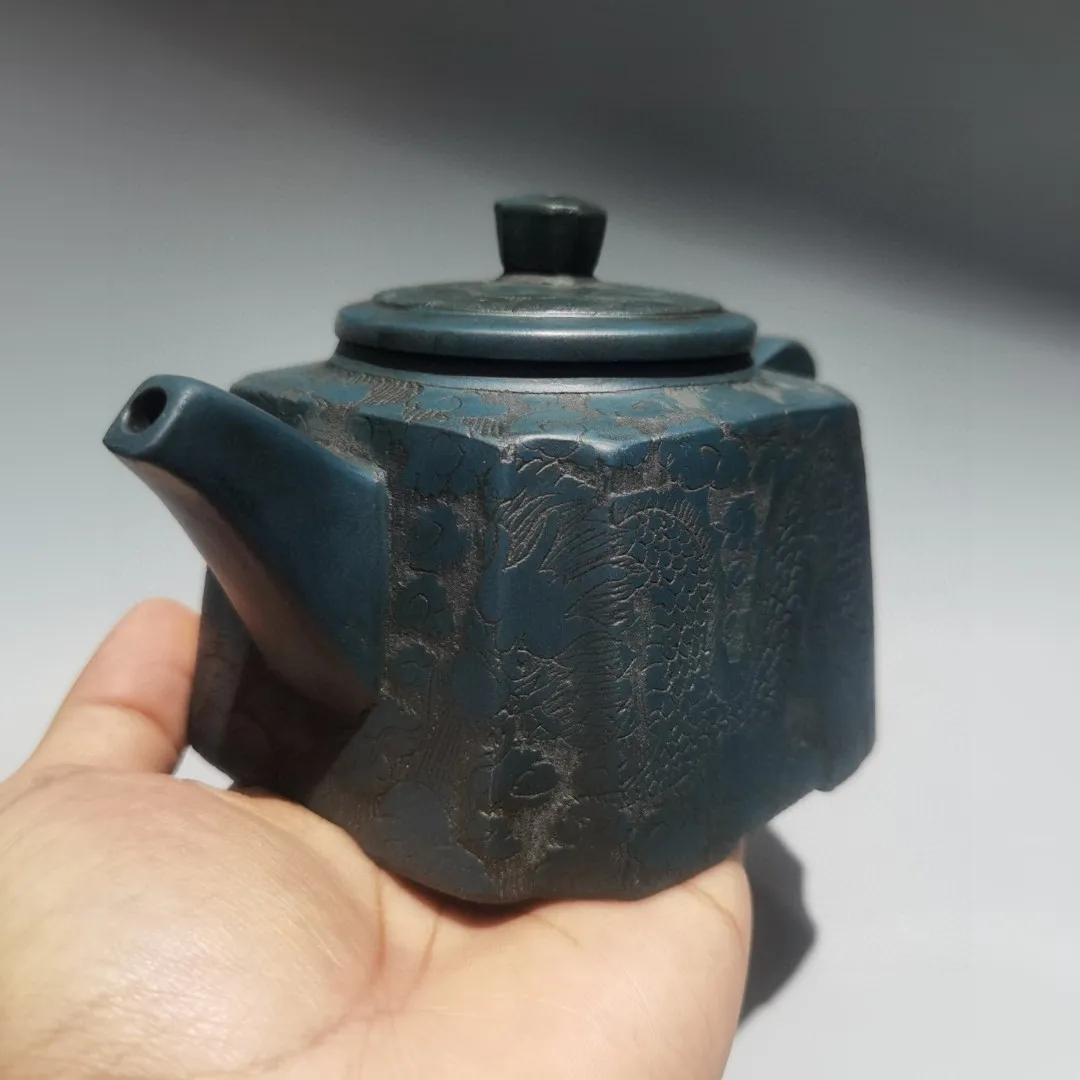 Yixing Purple clay pot Pottery Raw ore green mud Dragon and Phoenix Pattern Four sided teapot Teapot Pot Tea Maker Amass wealth