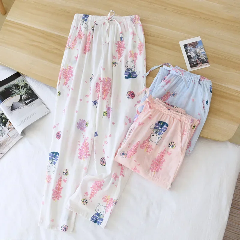 100% cotton gauze home pants ladies thin pants multicolor large size spring and autumn summer household trousers casual loose